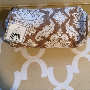 Toss Designs NWT Jute Barrel Cosmetic Bag White Damask, 8” X 4.5”